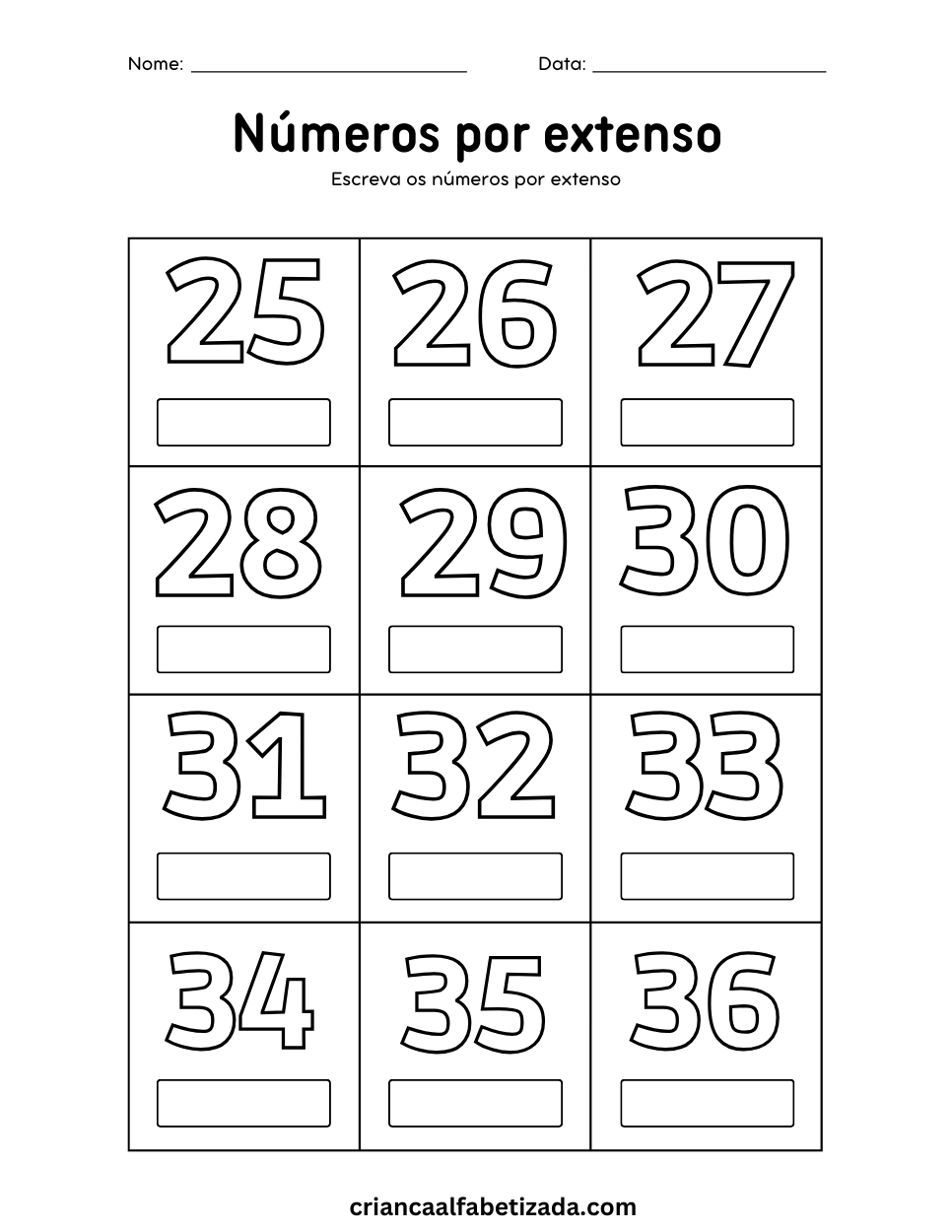 atividade de matemática números por extenso 25 a 36