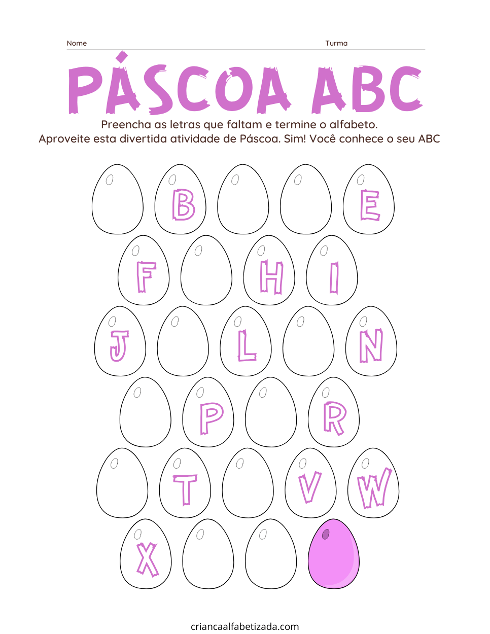 páscoa abc, escreva letras para concluir o alfabeto