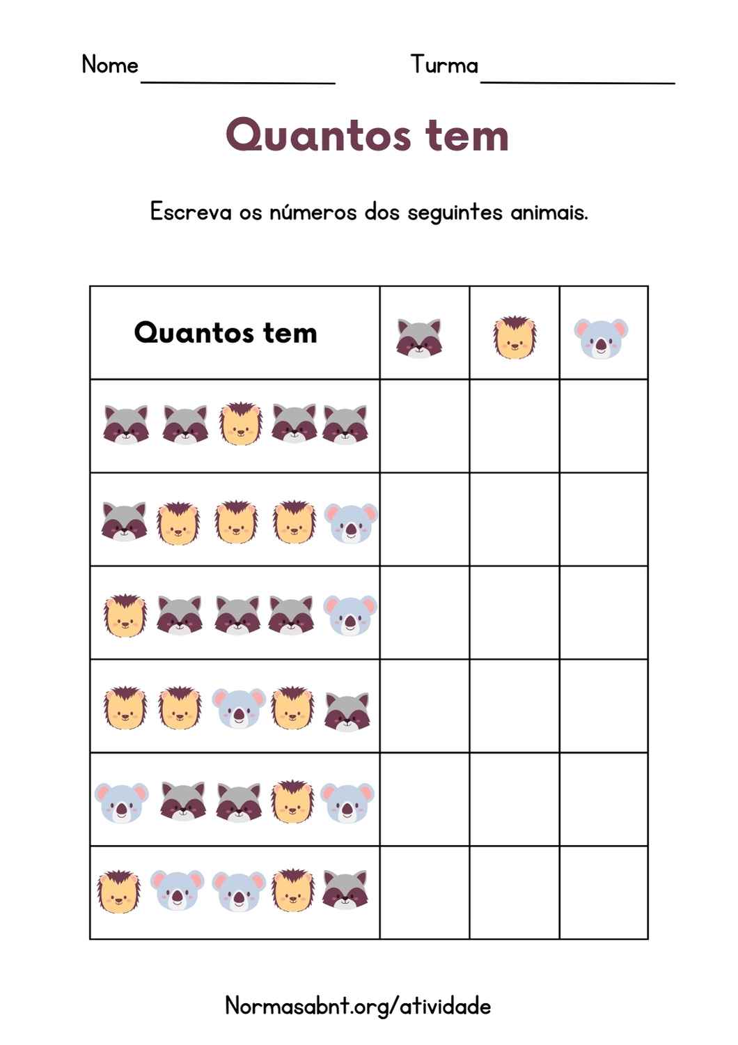 Atividades de alfabetização – Conte quantos animais têm