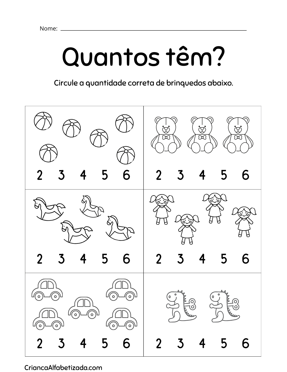 quantos têm, circular a quantidade correta dos brinquedos