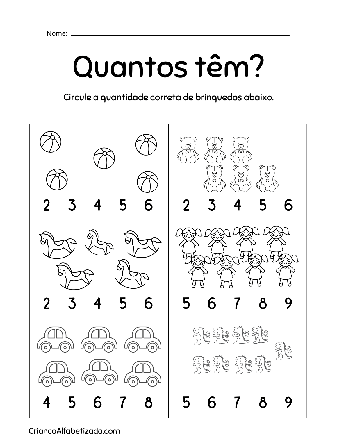 quantos têm, circular a quantidade correta dos brinquedos