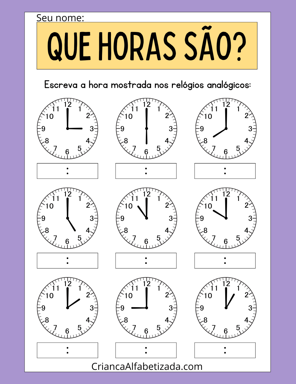 atividade que horas são, leitura de horas nos relógios analógicos