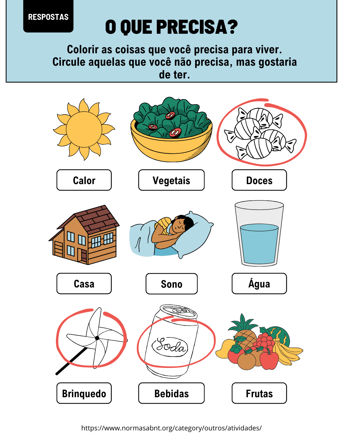 página de resposta coloridas as coisas indispensáveis para nossa vida