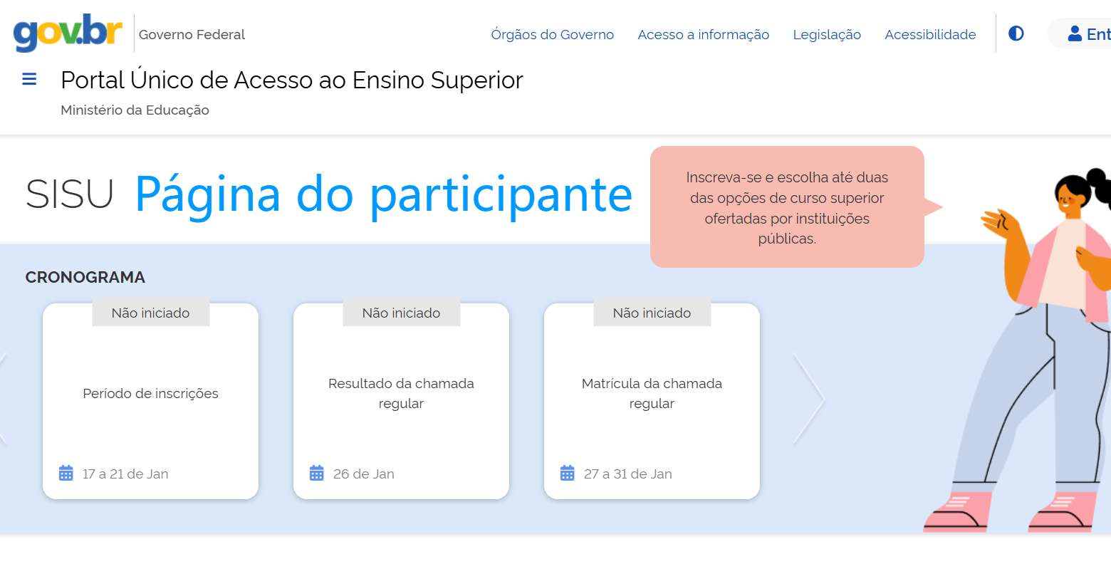 Página do participante SISU – inscrições, cronograma, link de acesso