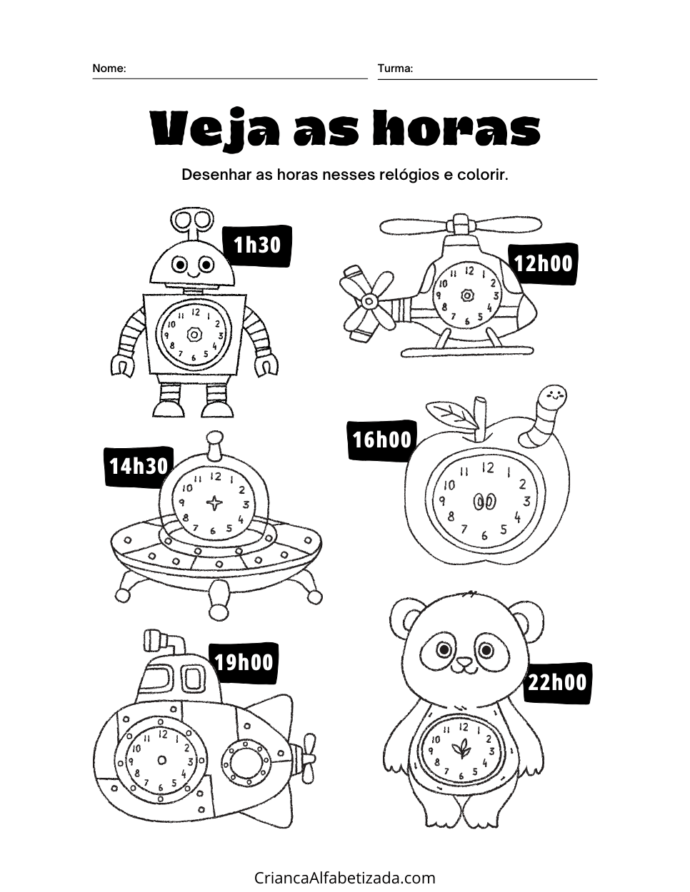 atividade de tempo e horas, relógios analógicos , robos, urso, helicoptero