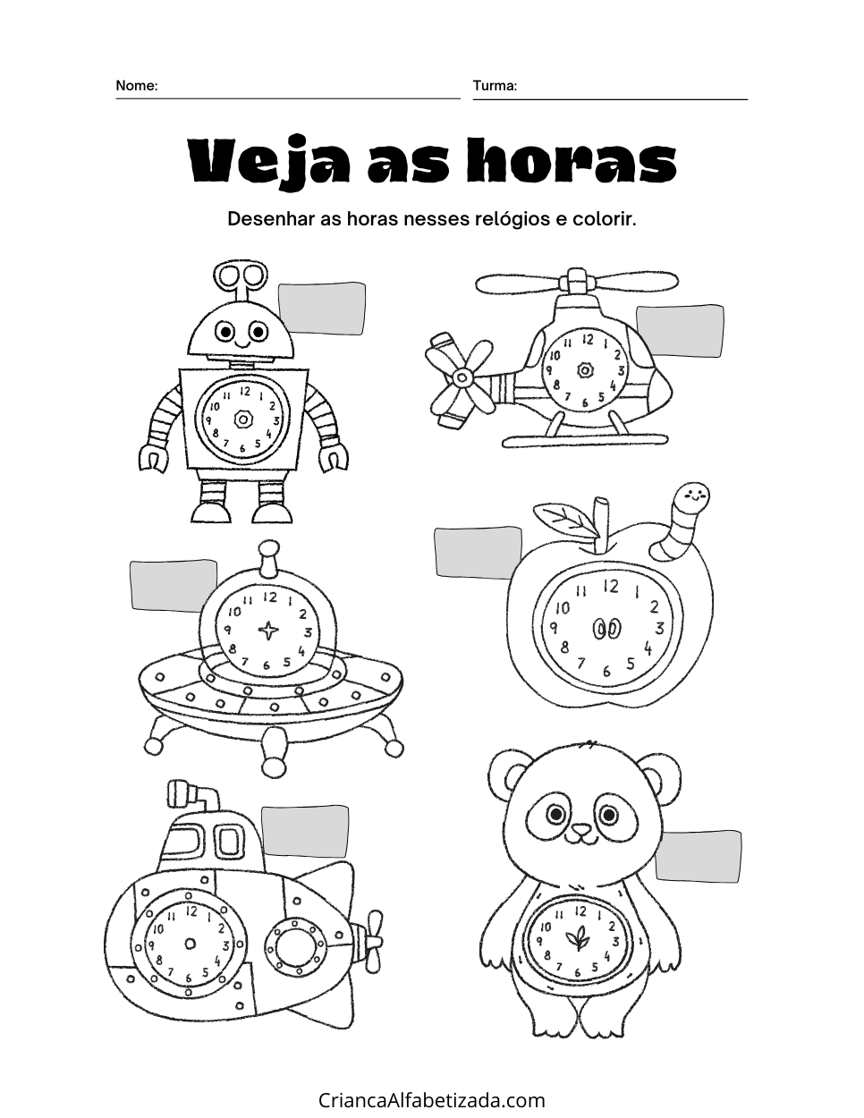 atividade de tempo e horas, relógios analógicos , robos, urso, helicoptero