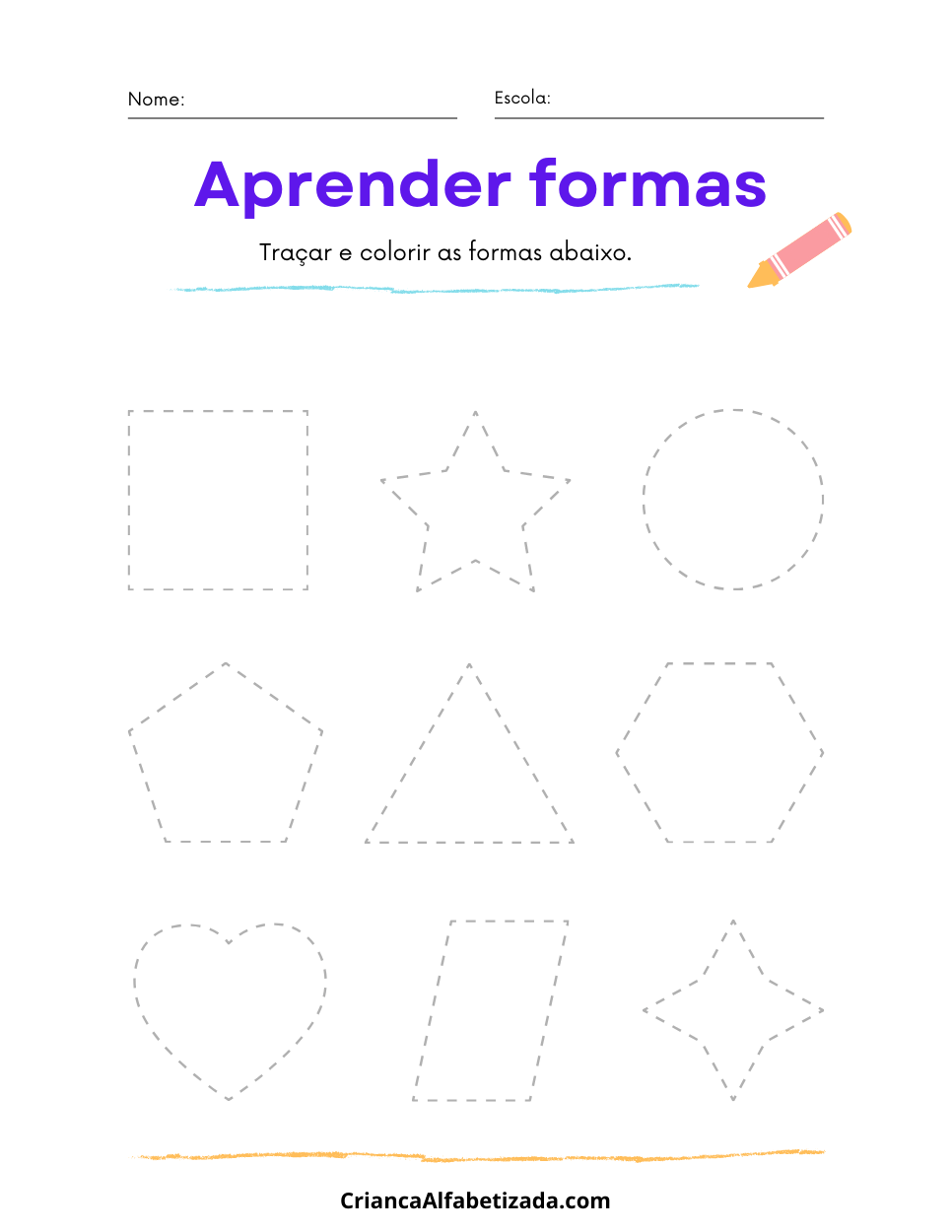 conhecer e traçar as formas geométricas: círculo, triângulo, rectângulo, coração, estrela, Pentágono