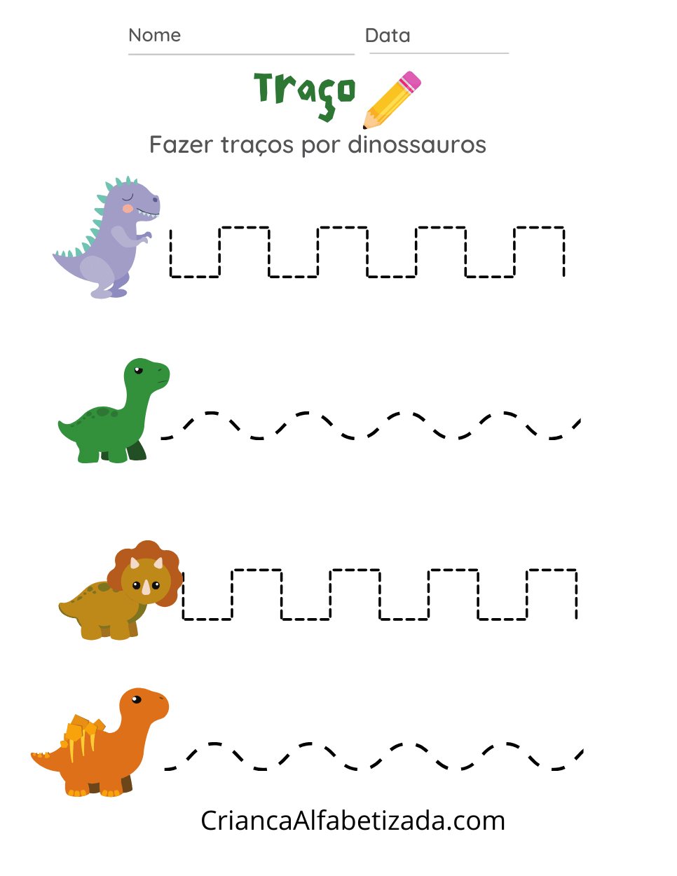 atividades infantil - traçar ondas, dinossauros