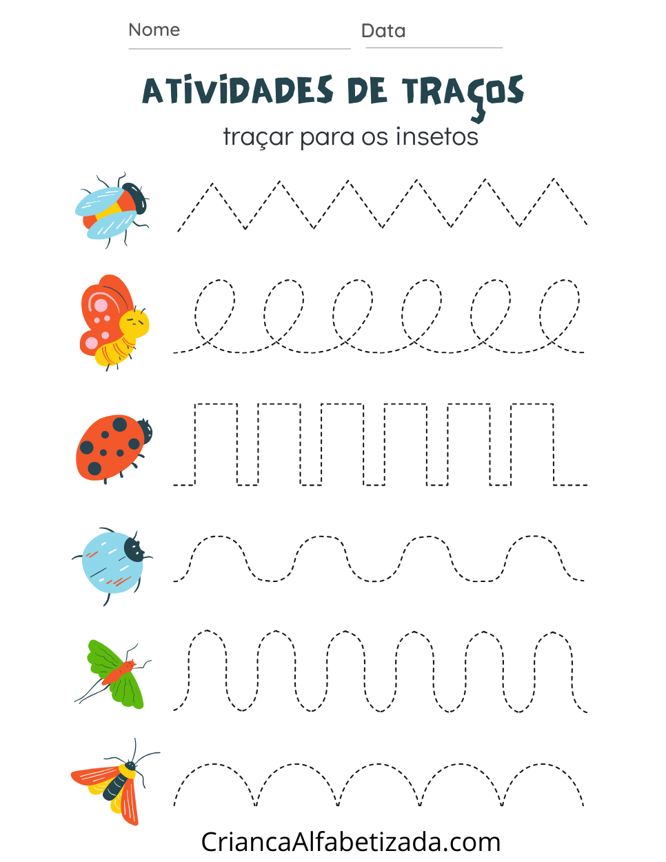 atividades infantil - traçar ondas para os bichos como borboleta, Besouro