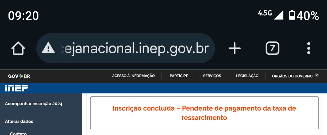 inscrição concluída - pendente de pagamento da taxa de ressarcimento