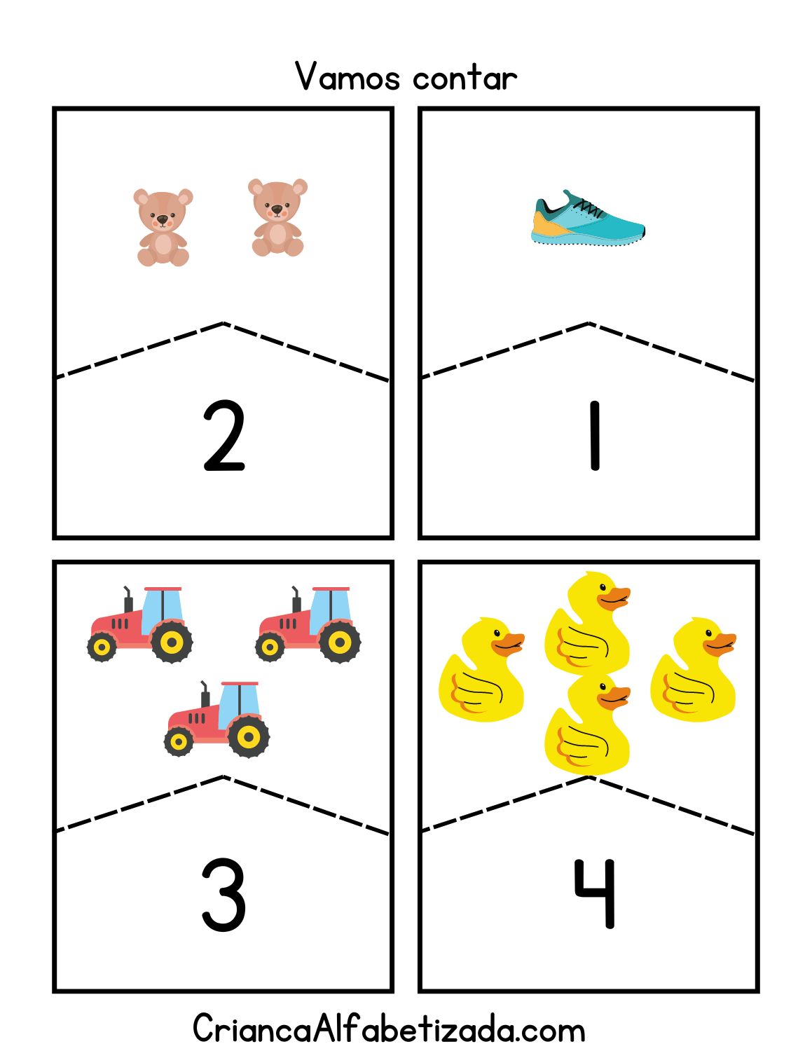 contagem de objetos: urso, sapato, carro, pato