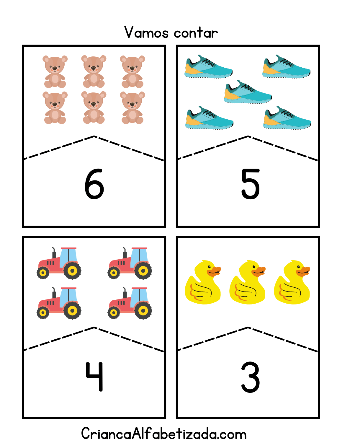 contagem de objetos: urso, sapato, carro, pato