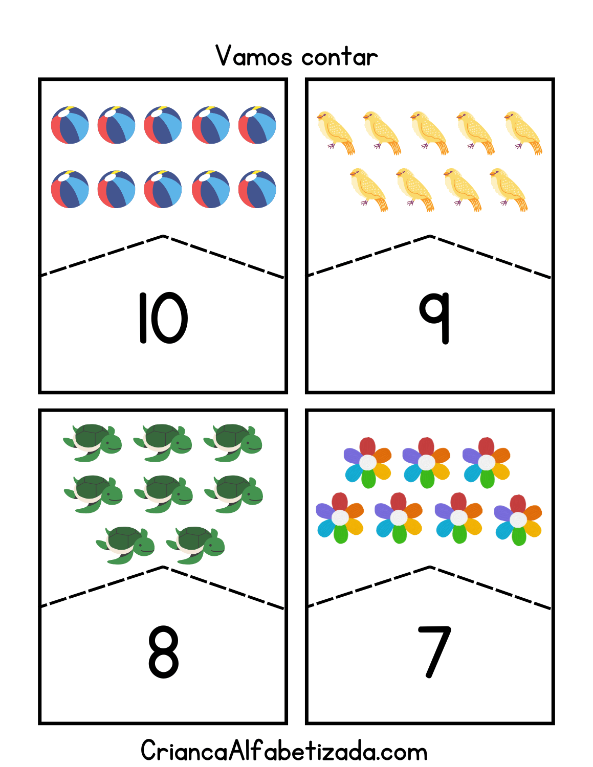 contagem de objetos: bola, passaro, tartaruga, flores